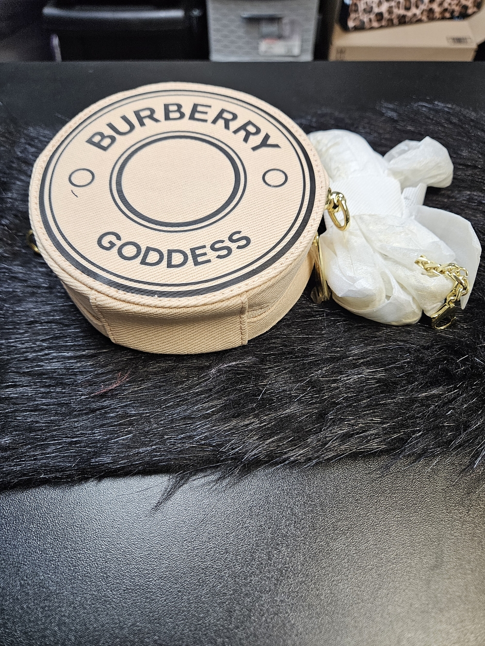 Burberry Beige 'Goddess' Round Crossbody with Gold Chain